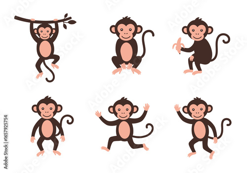 Six playful cartoon monkeys in various poses, some swinging, sitting, eating a banana, and waving.