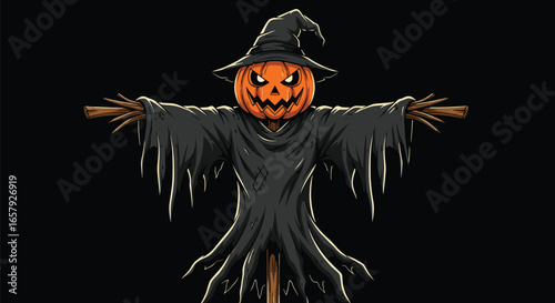 Halloween scarecrow, pumpkin head, creepy scarecrow illustration, spooky Halloween figure, haunted farm character, evil pumpkin face, horror scarecrow art