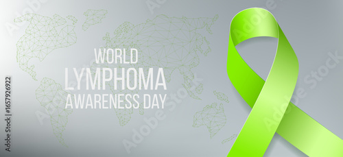 World Lymphoma awareness day concept. Banner with lime ribbon awareness, text and world map. Vector illustration.