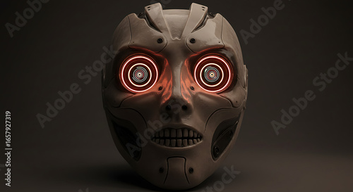Sci-fi android face with luminous red optic sensors, an intimidating portrait of advanced robotics and machine consciousness.