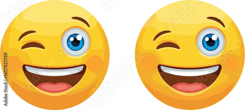 Happy winking emoji face, smiling yellow emoticon, cheerful expression vector, playful cartoon smiley, positive emotion, digital icon design, fun digital sticker