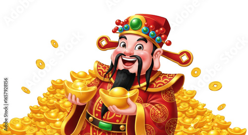 Smiling god of wealth character holding gold ingots surrounded by golden coins and treasure pile transparent background