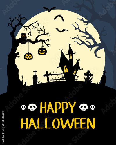 happy halloween night scene with moon and spooky elements