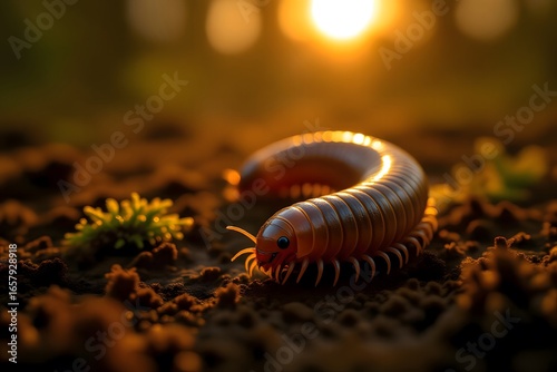 Close-up of a Millipede in Warm Sunlight