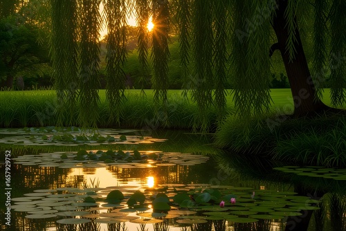 Serene Sunset Over Lily Pond with Weeping Willow