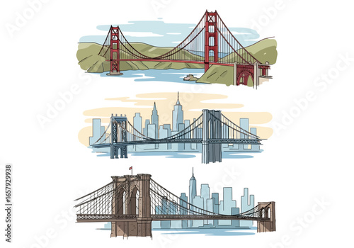 Illustration depicting three iconic bridges: the Golden Gate Bridge, the Brooklyn Bridge, and another bridge, set against city skylines.