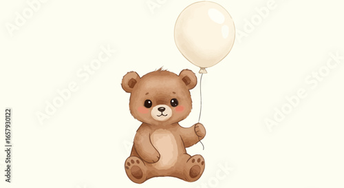 A Cute Adorable Teddy Bear Holding a White Balloon on a Soft Cream Background Celebrating a Special Occasion