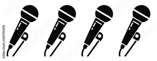 Vector art of four dynamic microphones arranged in a row, each featuring a classic design with a rounded head and a sleek handle, , perfect for audio recording and broadcasting