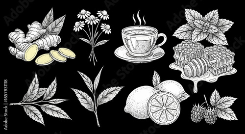 An illustration showing ingredients for herbal tea: ginger, chamomile, mint, tea leaves, lemon, and raspberries, along with a steaming cup of tea.