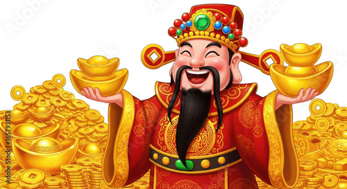 Joyful chinese god of wealth cai shen holding gold ingots surrounded by piles of coins and wealth transparent background