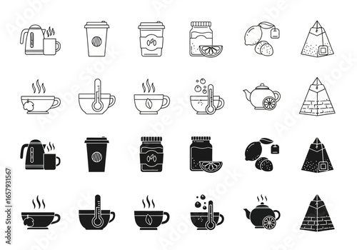 A collection of line art and silhouette icons representing various hot beverages, including tea, coffee, and related items like kettles, jam, and sugar.