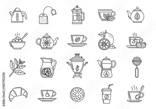 Collection of line art icons depicting various tea-related items including teapots, cups, infusers, lemon, croissant, and other elements.