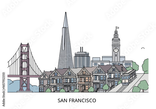 Illustration of the San Francisco skyline featuring the Golden Gate Bridge, Victorian houses, Transamerica Pyramid, and a cable car.