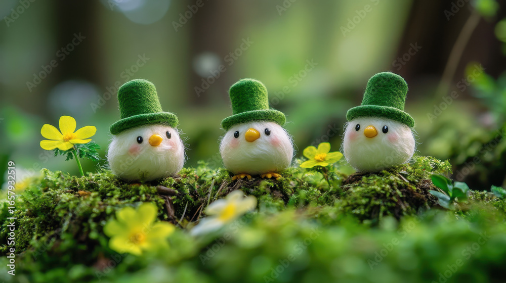 Three cute, fluffy bird figurines wearing green hats sit on mossy ground surrounded by yellow flowers, creating whimsical and cheerful scene in forest setting Three cute, fluffy bird figurines wearing green hats sit on mossy ground surrounded by yellow flowers, creating whimsical and cheerful scene in forest setting
