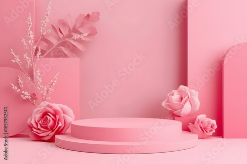 The display features an abstract pink color geometric mocup paired with a rose flower