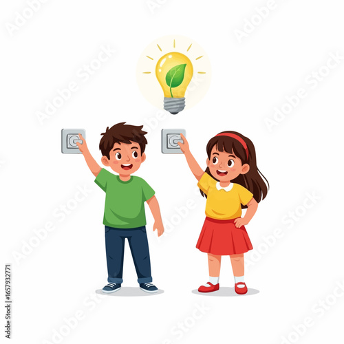 Two Smiling Children Turning On Light Switches, Energy Concept