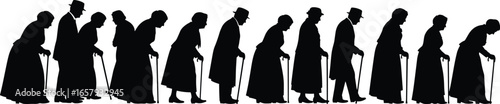 Silhouettes of Elderly People Walking with Canes – Vector Illustration of Aging, Mobility Support, and Physical Change Over Time