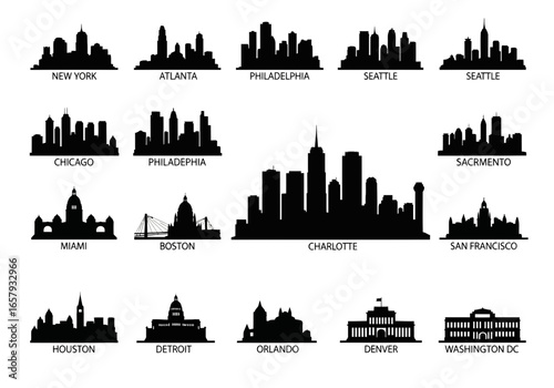 Silhouette illustrations of city skylines, including New York, Atlanta, Philadelphia, Seattle, Chicago, Sacramento, Miami, Boston, Charlotte, San Francisco, ...