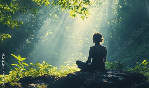 Serene image of a person breathing in fresh air amidst a lush, green forest, symbolizing mindfulness, tranquility, and the healing connection with nature, promoting mental wellness, Generative AI