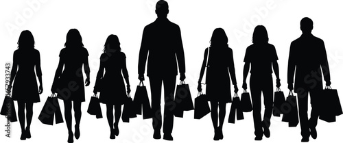 Silhouettes of People Walking with Shopping Bags – Vector Illustration of Retail Activity, Consumerism, and Urban Lifestyle on White Background