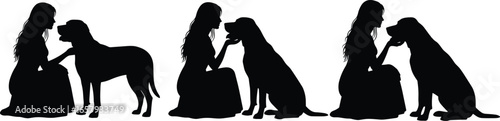 Silhouettes of Person Interacting with Dog – Vector Illustration of Pet Companionship, Kneeling Poses, and Emotional Bonding Moments