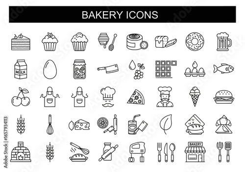 A collection of line art icons depicting various bakery items, ingredients, and tools, arranged in a grid format.