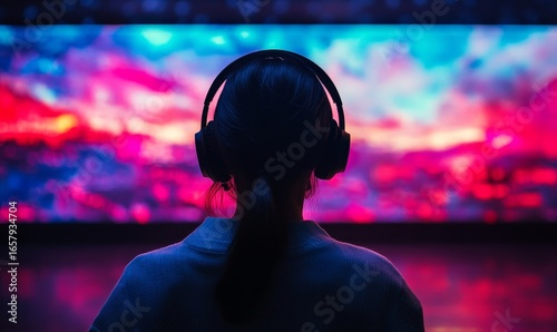 Media streaming concept, showing a person wearing headphones against a vibrant, colorful screen, symbolizing immersion in multimedia content. This image highlights the evolving, Generative AI