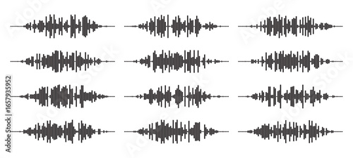 Audio wave tune print, voice message, podcast audio recording. Vector audio player soundwave visualization or voice message sound wave. Podcast audio streaming. Music, sound concept.