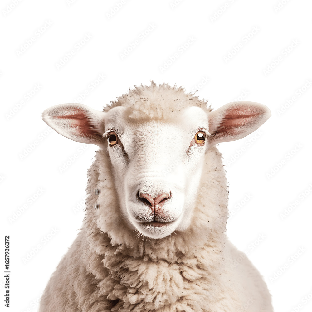Fototapeta premium A white sheep standing upright, showcasing its woolly coat and distinct features