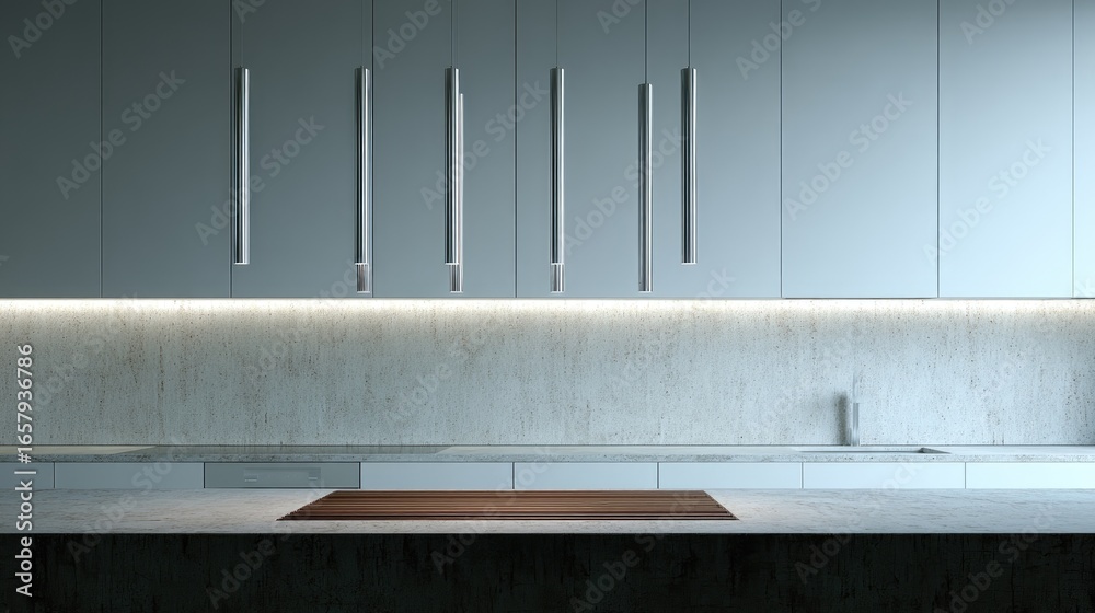 Obraz premium Modern kitchen interior showcases minimalist pendant lights over a concrete backsplash and white countertops.