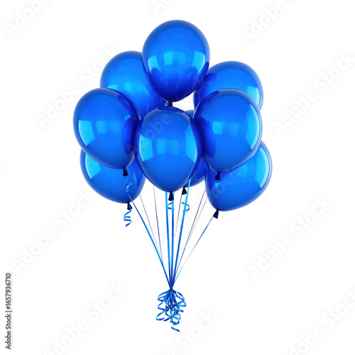 blue balloons with ribbons isolated on white or transparent background