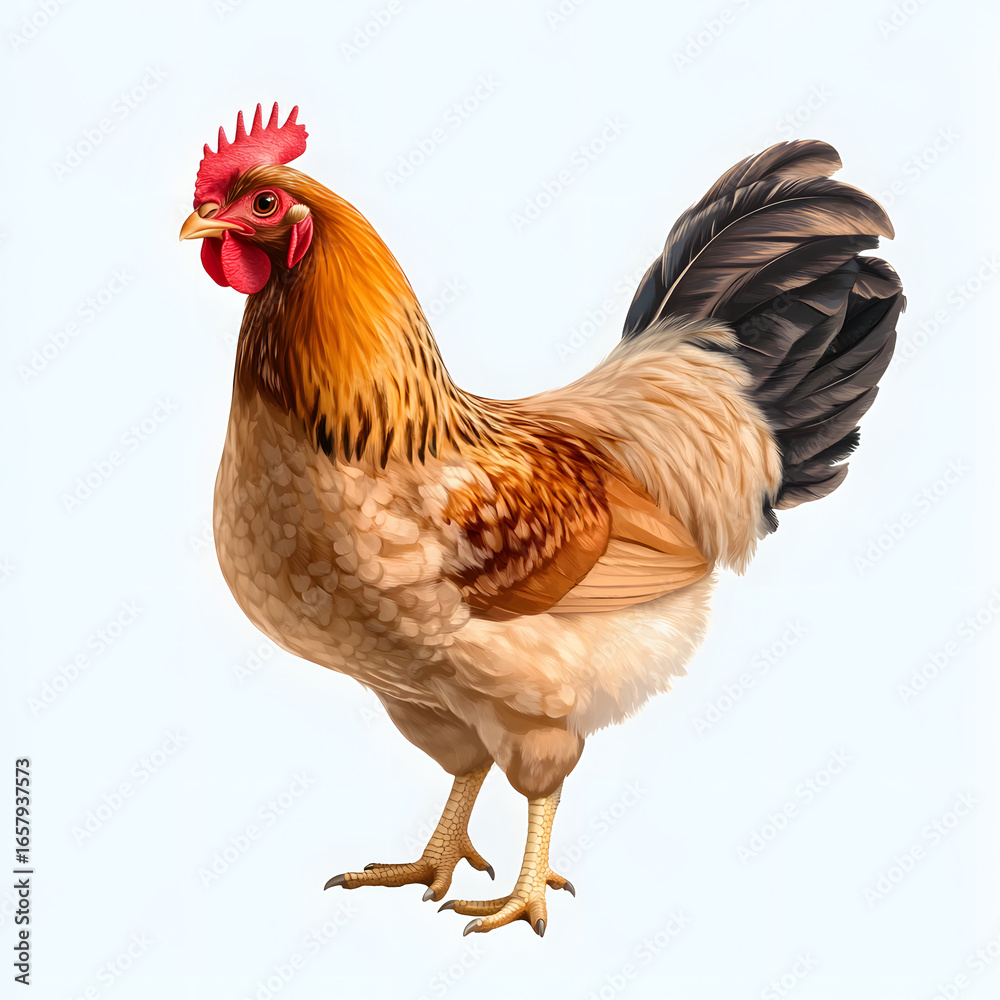 Fototapeta premium A chicken standing tall, isolate on white background, showcasing its proud stance and vibrant feathers. PNG