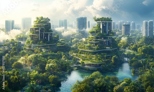 Sustainable urban design project concept, featuring a green cityscape with eco-friendly buildings and lush parks. This design reflects a future-focused approach to city planning, Generative AI