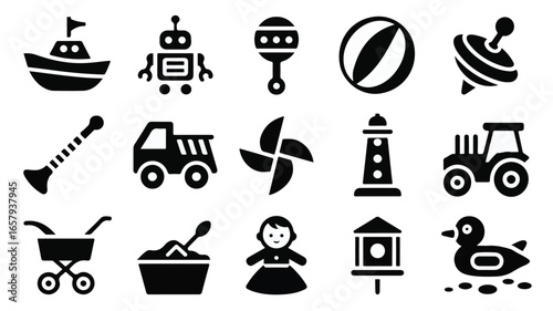 Assortment of Childrens Toy Icons in Black Silhouette ship robot