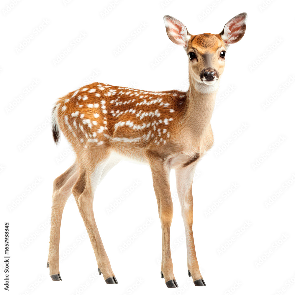 Naklejka premium Fawn Posing: Captivating full-length portrait of a graceful fawn, showcasing its delicate features and stunning spotted coat, the embodiment of innocence and the essence of nature.