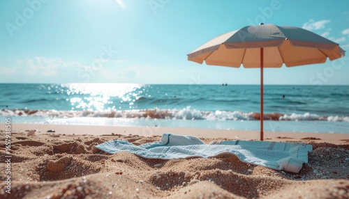 Serene Beach Escape: A pristine beach with a sun umbrella invites tranquility, offering a perfect escape. The calming blue sea, pristine sand, and warm sunlight evoke relaxation and serenity.