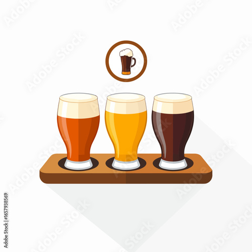 Beer Flight with Three Different Beers on a Wooden Tray, Vector Illustration