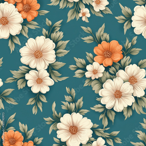 Seamless floral pattern featuring white and orange flowers with green leaves on teal background, creating vintage and elegant design