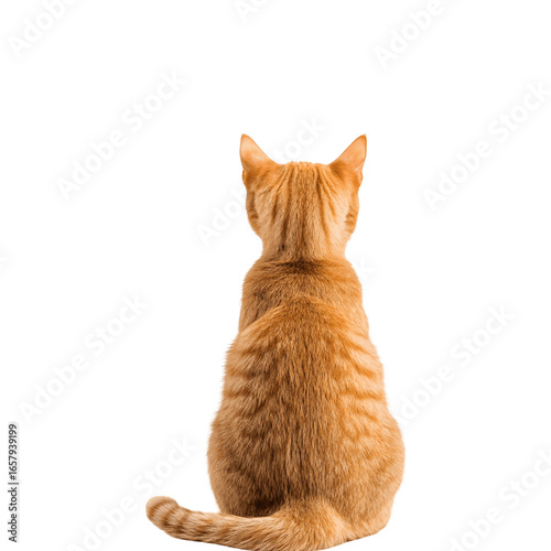 Orange cat sitting with its back turned, tail visible, displaying a relaxed posture