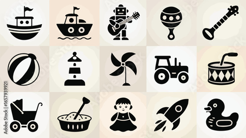 Black Silhouette Icons of Childrens Toys and Objects on a Textured Background boat toy boat