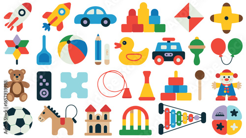 Assortment of flat design children's toys including a rocket, car, ball, and teddy bear vector