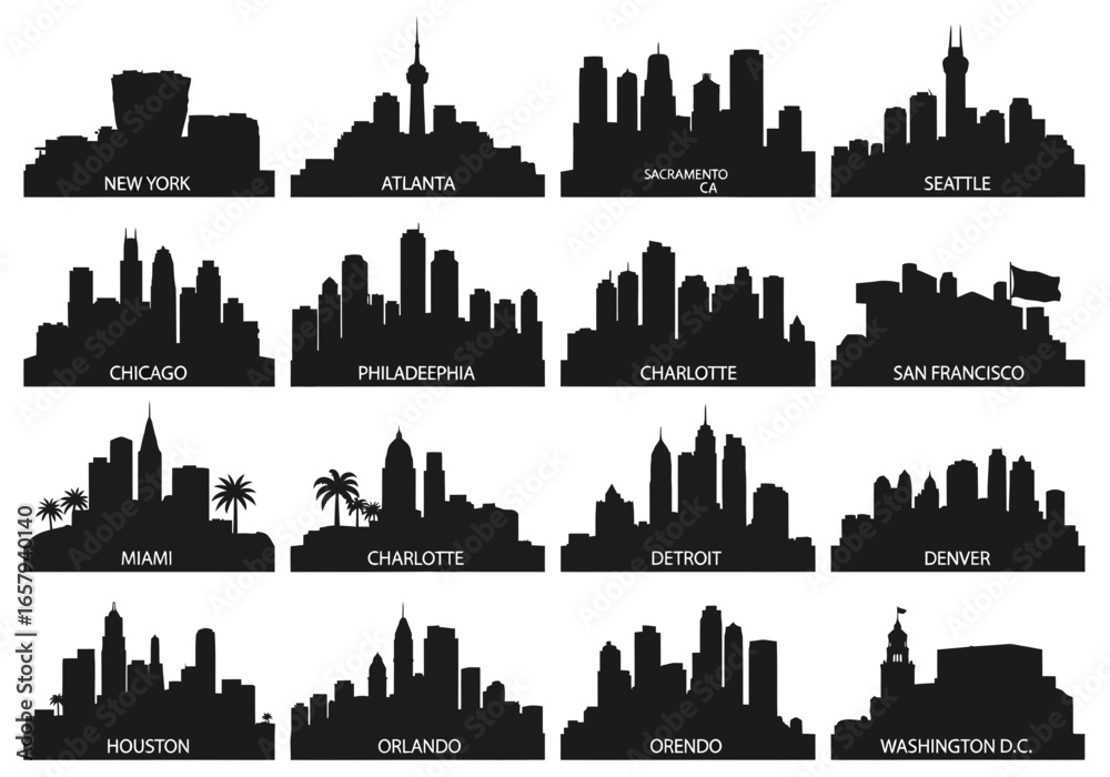 Naklejka premium Vector silhouettes of city skylines including New York, Atlanta, Cincinnati, Seattle, Chicago, Philadelphia, Charlotte, San Francisco, Miami, Detroit, Denver...