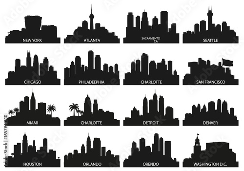 Vector silhouettes of city skylines including New York, Atlanta, Cincinnati, Seattle, Chicago, Philadelphia, Charlotte, San Francisco, Miami, Detroit, Denver...