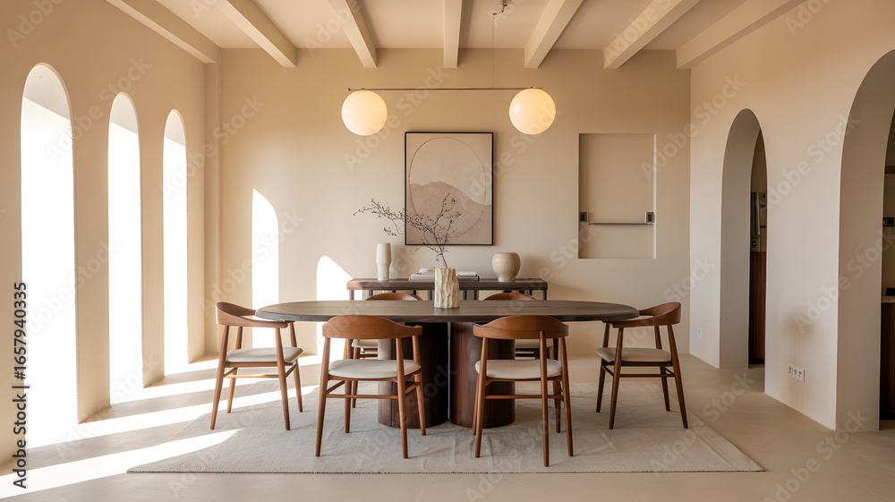 Fototapeta premium Sunlit dining room with arched windows and modern furniture