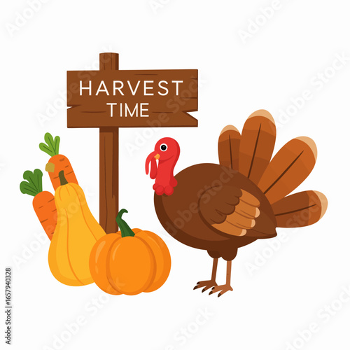 Cartoon Brown Turkey with Fan-Shaped Tail Feathers near Pumpkins and Carrots