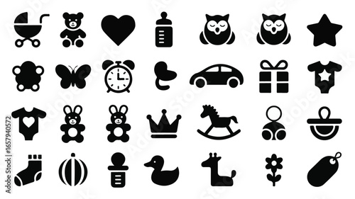 Collection of black and white silhouette icons for babies and children on a white background