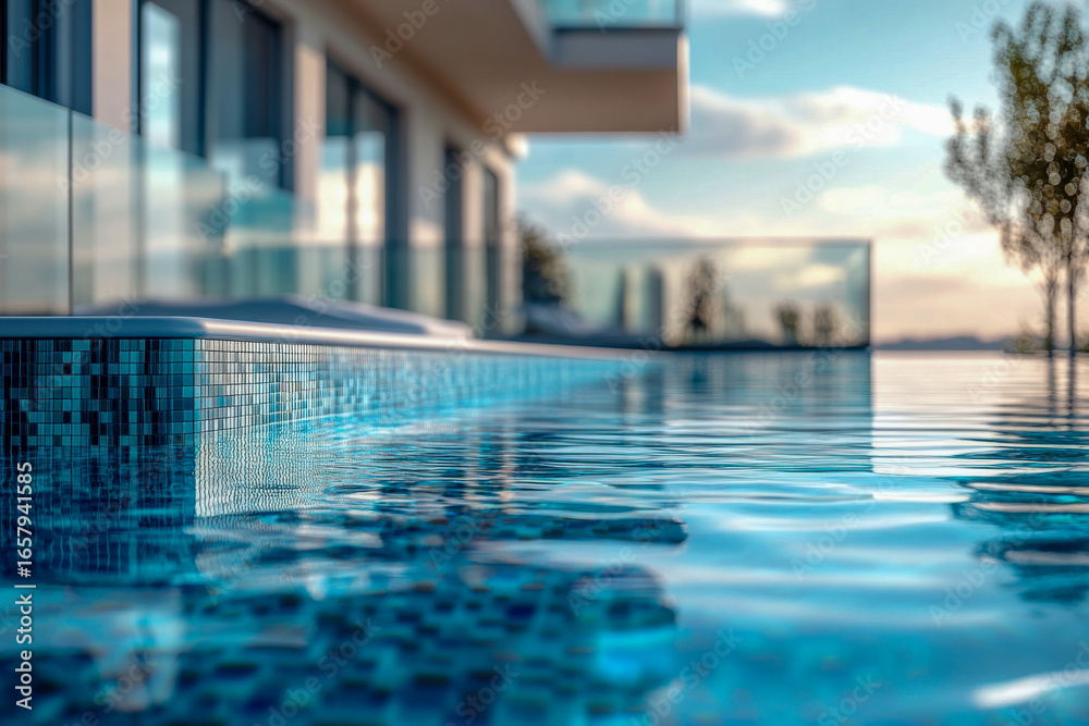 Fototapeta premium A stunning infinity pool reflects the vibrant colors of sunset, showcasing contemporary design and serene surroundings with clear water