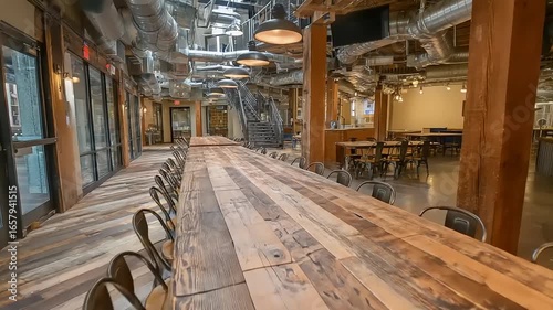 Long wooden table in a large open-plan space.