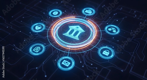 Glowing classical bank icon surrounded by digital interface elements representing finance, on a blue futuristic background, concept of digital banking