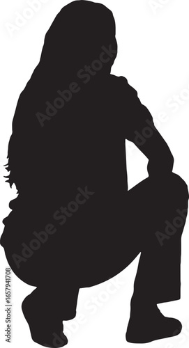 vector,silhouette side back view of a teen girl squatting